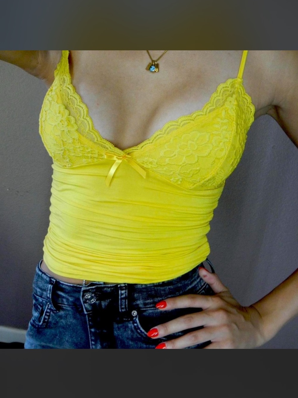 Y2K Lace-Trim Yellow Camisole Tank Top